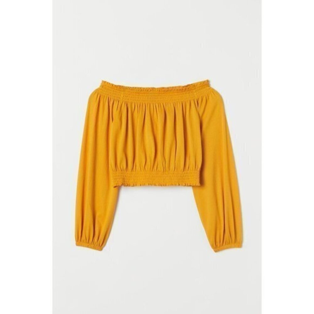 H&M Divided Mustard Smocked Off Shoulder Long Sleeve Top L